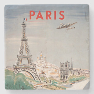 Vintage Eiffel Tower Paris Air Travel Lithograph Stone Coaster