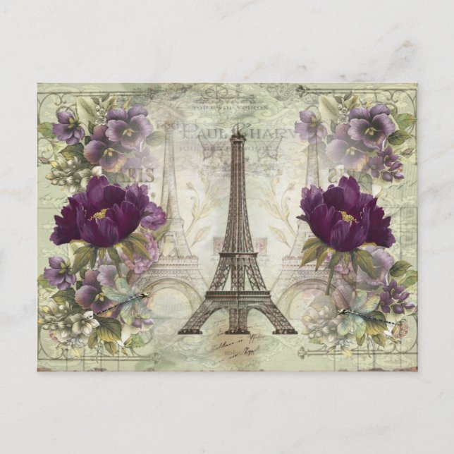 Vintage Eiffel Tower Paris France with Flowers  Postcard (Front)