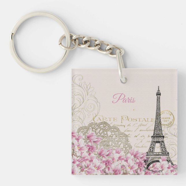 Vintage Eiffel Tower Paris Postcard Key Ring (Front)