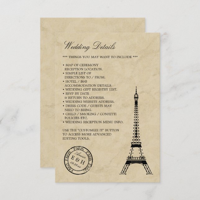 Vintage Eiffel Tower Paris Postmark Wedding Enclosure Card (Front/Back)
