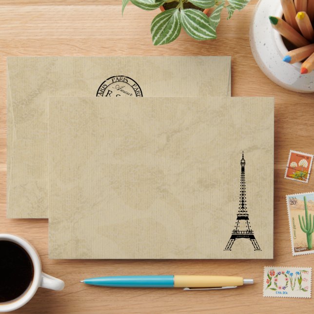 Vintage Eiffel Tower Paris Postmark Wedding Envelope (Desk)