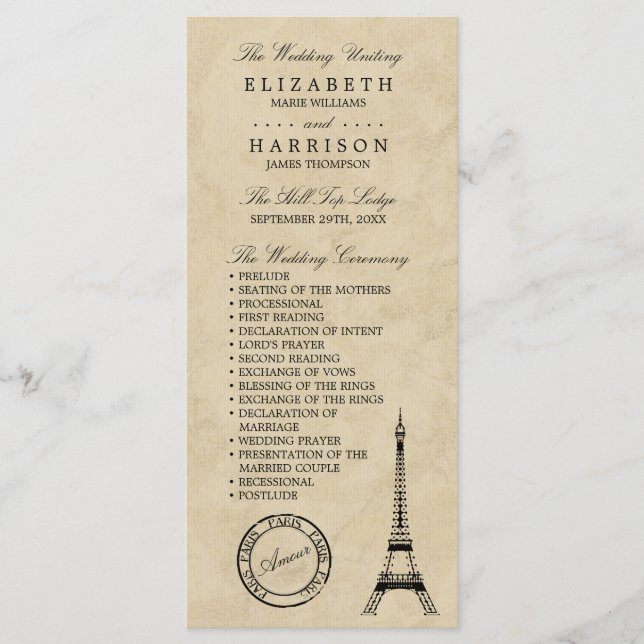 Vintage Eiffel Tower Paris Wedding Programme (Front)
