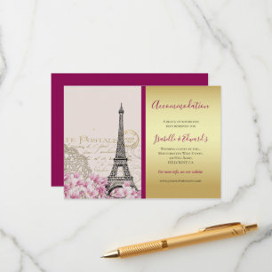 Vintage Eiffel Tower Pink Blossoms Gold Burgundy Enclosure Card