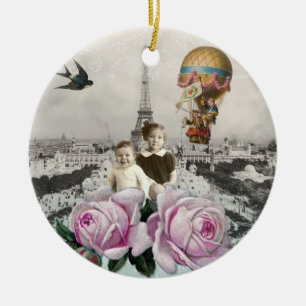 Vintage Eiffel Tower Pink Roses Hot Air Balloon Ceramic Tree Decoration