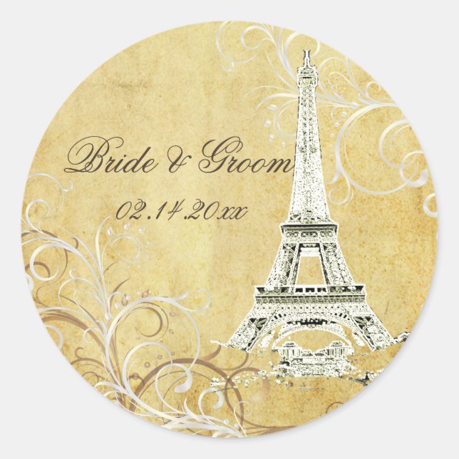 VINTAGE EIFFEL TOWER/VANILLA SWIRLS CLASSIC ROUND STICKER (Front)