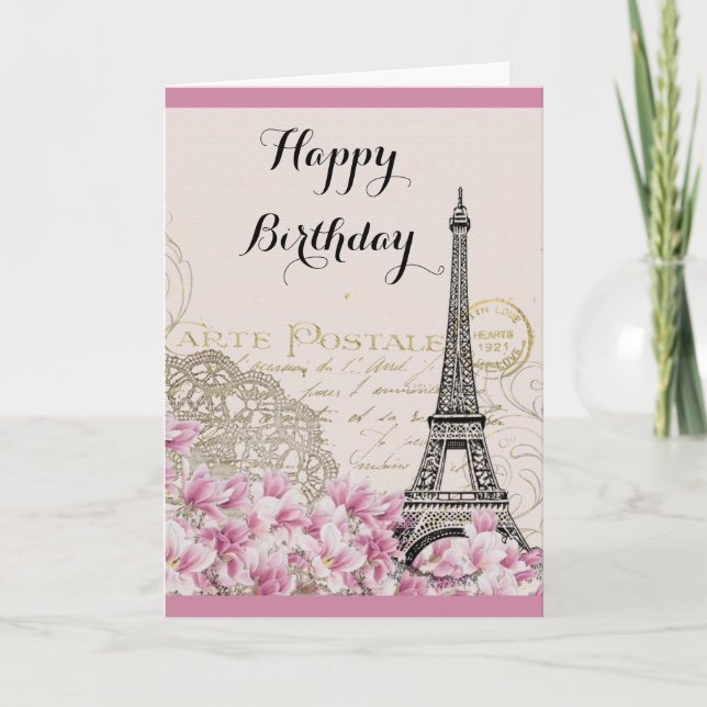 Vintage Eiffel Tower with Pink flowers Birthday Card (Front)