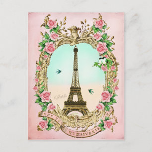 Vintage Eiffel tower with Pink Roses Postcard
