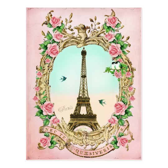 Vintage Eiffel tower with Pink Roses Postcard