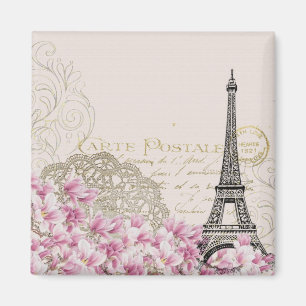 Vintage Eiffel Tower with Pink WildFlowers Magnet