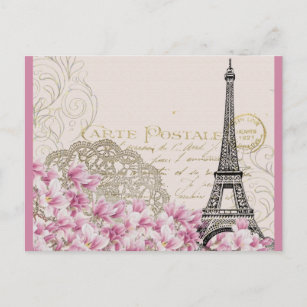 Vintage Eiffel Tower with Pink WIldflowers Postcard