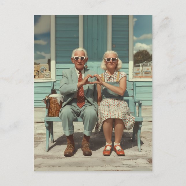 Vintage Elderly Couple Making Heart Gesture Postcard (Front)