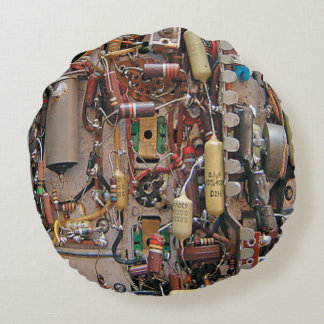 Vintage electronics resistors capacitors and wires round cushion