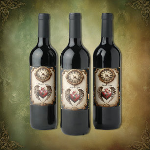 Vintage elegance: an elegant clock and heart. wine label