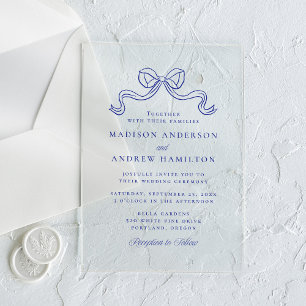 Vintage Elegance Blue Bow Wedding Acrylic Invitations