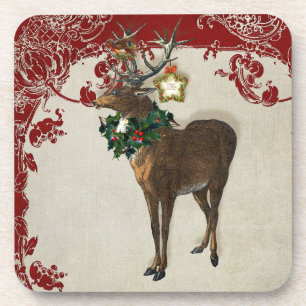 Vintage Elegance Christmas Deer Antlers Damask Coaster