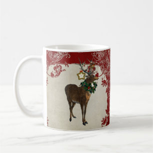 Vintage Elegance Christmas Deer Antlers Damask Coffee Mug