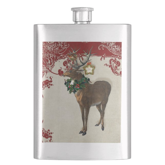 Vintage Elegance Christmas Deer Antlers Damask Hip Flask (Front)