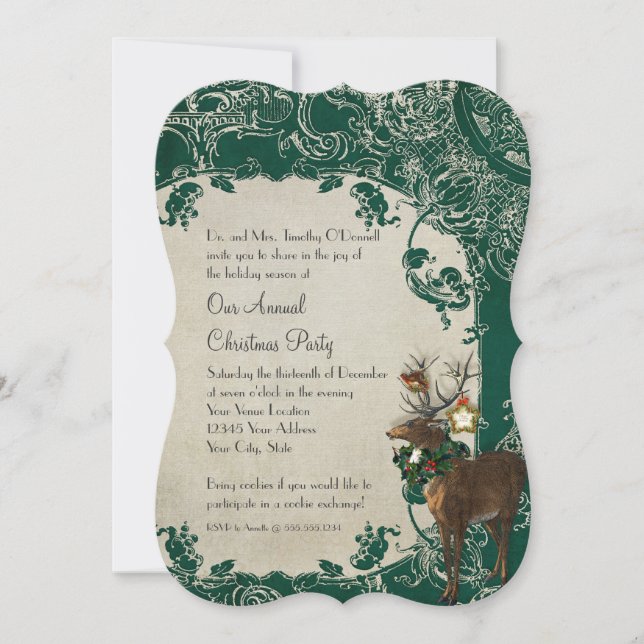 Vintage Elegance Christmas Deer Antlers Damask Invitation (Front)