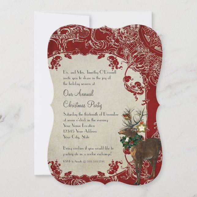 Vintage Elegance Christmas Deer Antlers Damask Invitation (Front)
