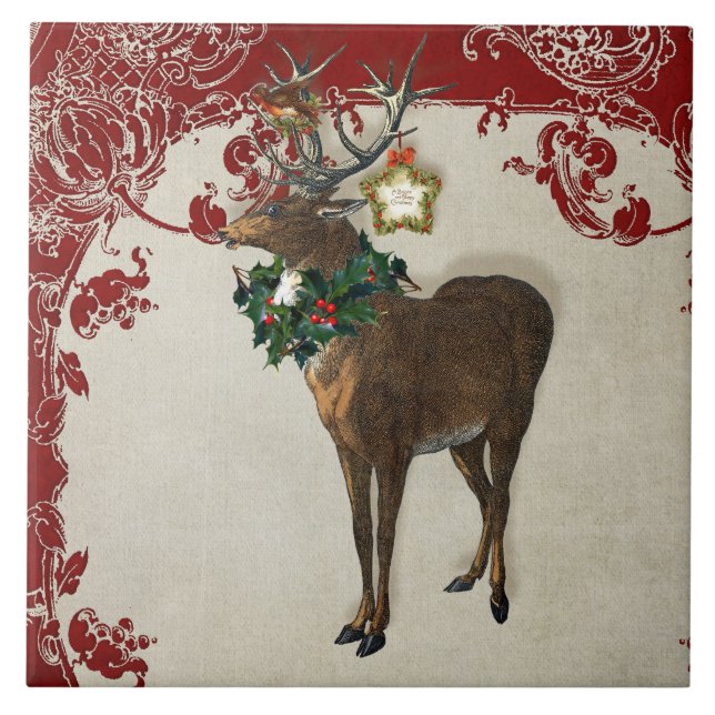 Vintage Elegance Christmas Deer Antlers Damask Tile (Front)