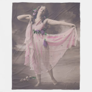 Vintage Elegance in Pink Floral Dress Fleece Blanket