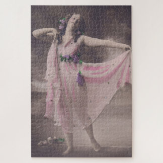 Vintage Elegance in Pink Floral Dress Jigsaw Puzzle