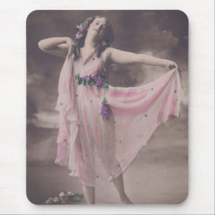 Vintage Elegance in Pink Floral Dress Mouse Mat