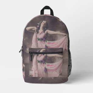 Vintage Elegance in Pink Floral Dress Printed Backpack