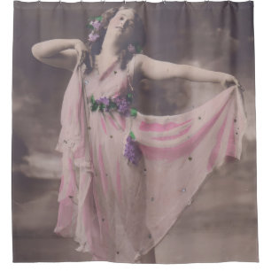 Vintage Elegance in Pink Floral Dress Shower Curtain