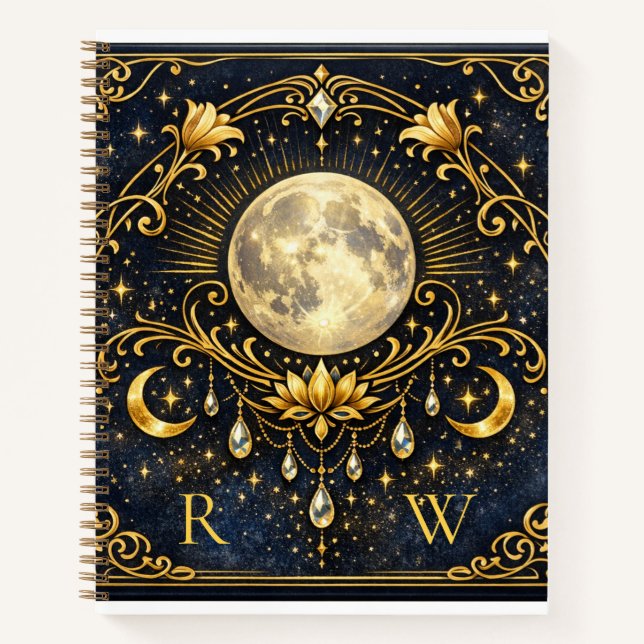 Vintage Elegance Mystical Gold Celestial Monogram  Notebook (Front)