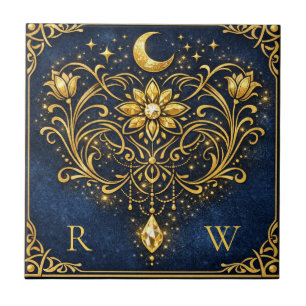 Vintage Elegance Mystical Gold Celestial Monogram  Tile