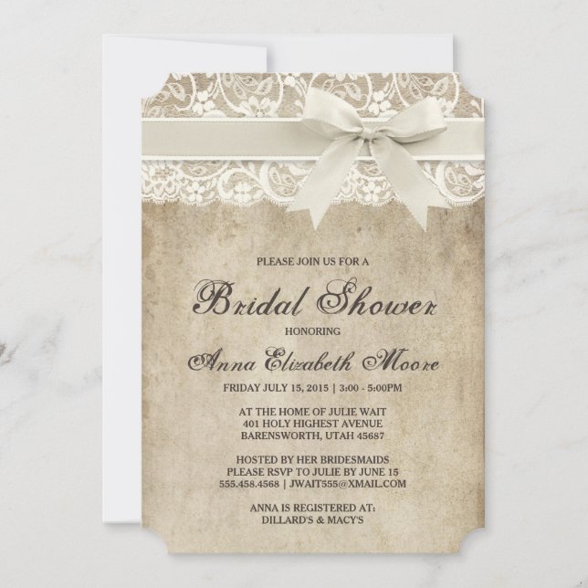 Vintage Elegance Ribbon on Lace Bridal Shower Invitation (Front)