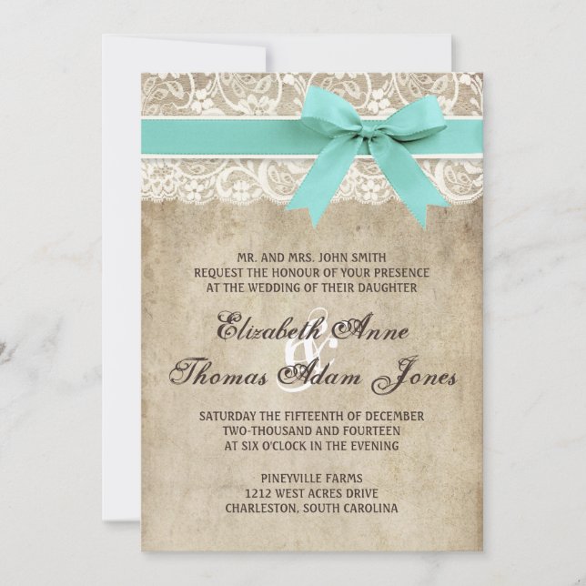 Vintage Elegance Ribbon on Lace Wedding Invitation (Front)