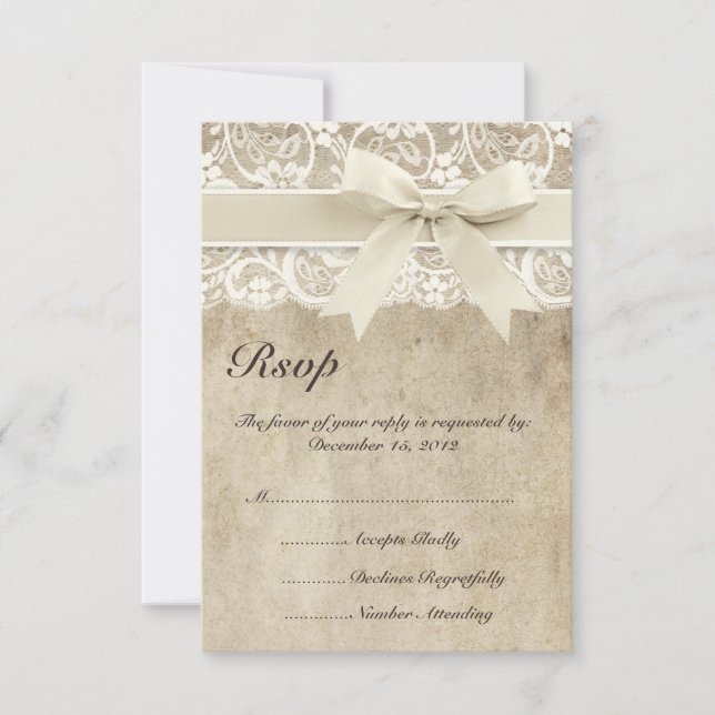 Vintage Elegance Ribbon on Lace Wedding RSVP Card (Front)