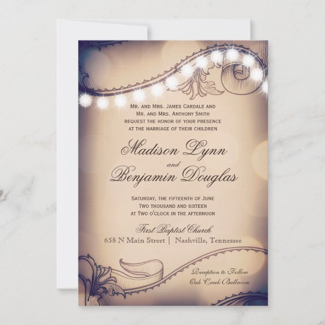Vintage Elegance Rustic Lights Wedding Invitations (Front)