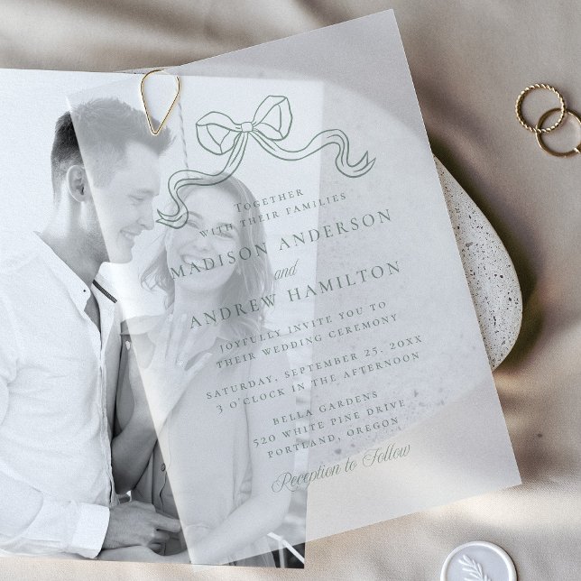 Vintage Elegance Sage Green Bow Wedding Vellum Invitations (Creator Uploaded)
