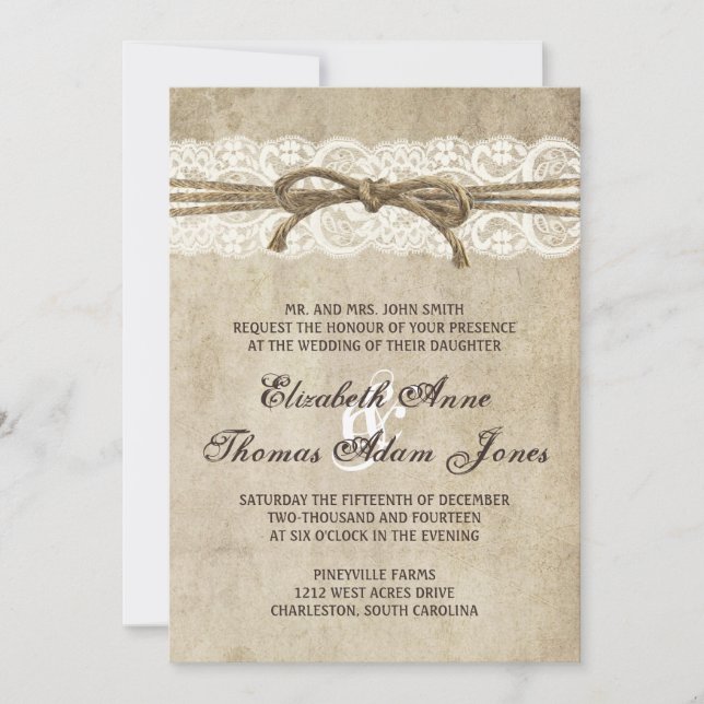 Vintage Elegance Twine on Lace Wedding Invitation (Front)