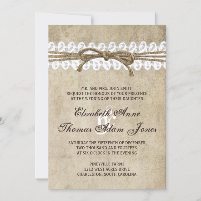 Vintage Elegance Twine on Lace Wedding Invitation (Front)