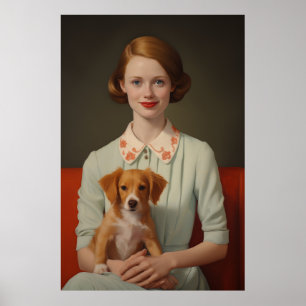 Vintage Elegance: Woman with Puppy in Pastel Poster