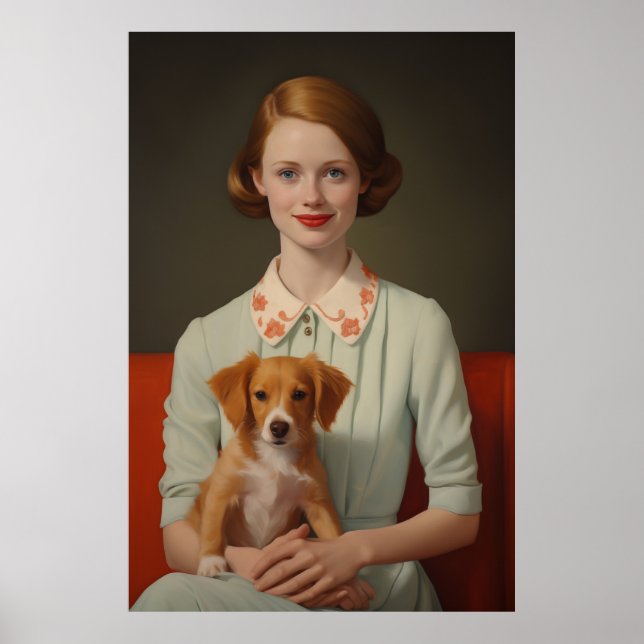 Vintage Elegance: Woman with Puppy in Pastel Poster (Front)