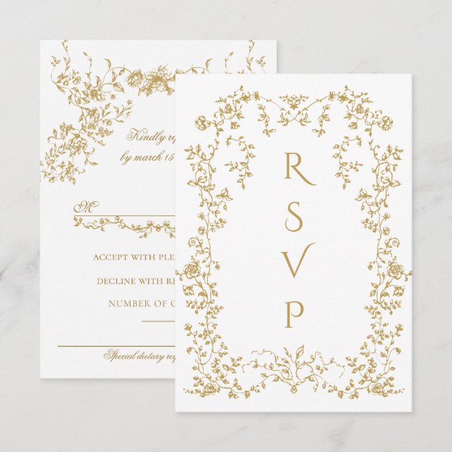 Vintage Eleganse Golden Flowers Photo Wedding RSVP Card (Front/Back)