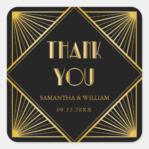 Vintage Elegant Art Deco Black Gold Wedding Favour Square Sticker