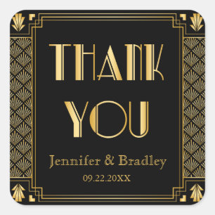 Vintage Elegant Art Deco Black Gold Wedding Favour Square Sticker