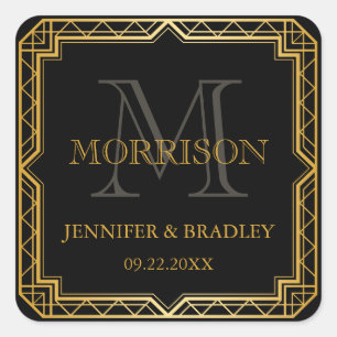 Vintage Elegant Art Deco Black Gold Wedding Favour Square Sticker