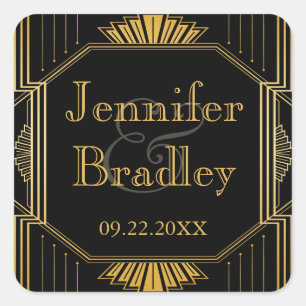 Vintage Elegant Art Deco Black Gold Wedding Favour Square Sticker