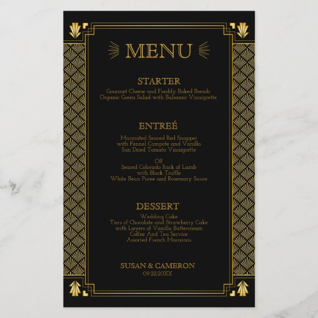 Vintage Elegant Art Deco Black Gold Wedding Menu (Front)