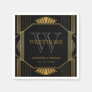 Vintage Elegant Art Deco Black Gold Wedding Napkin