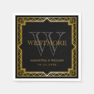 Vintage Elegant Art Deco Black Gold Wedding Napkin