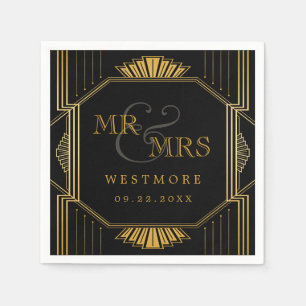 Vintage Elegant Art Deco Black Gold Wedding Napkin
