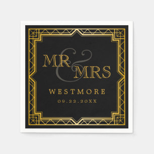 Vintage Elegant Art Deco Black Gold Wedding Napkin